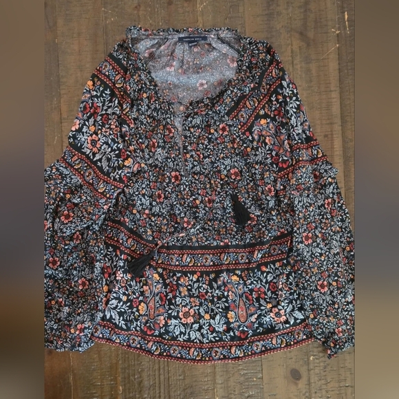 XS AEO Multicolor Floral Long Sleeved Top Boho Ruffle Flowy Oversized Whimsygoth - Picture 2 of 2